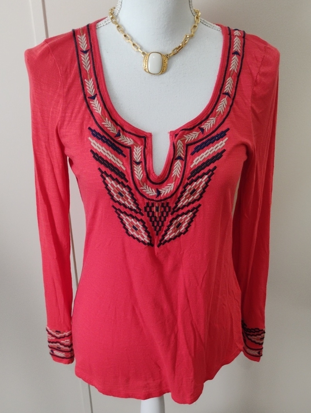 Lucky Brand Coral Embroidered V-Notch Long Sleeve Tee